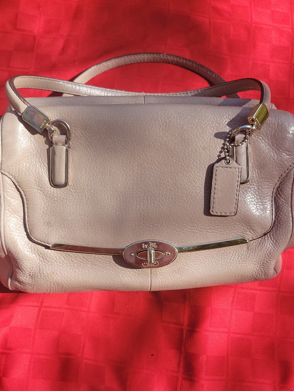 COACH Pebbled Leather Satchel Handbag in Birch Taupe with Gold Hardware